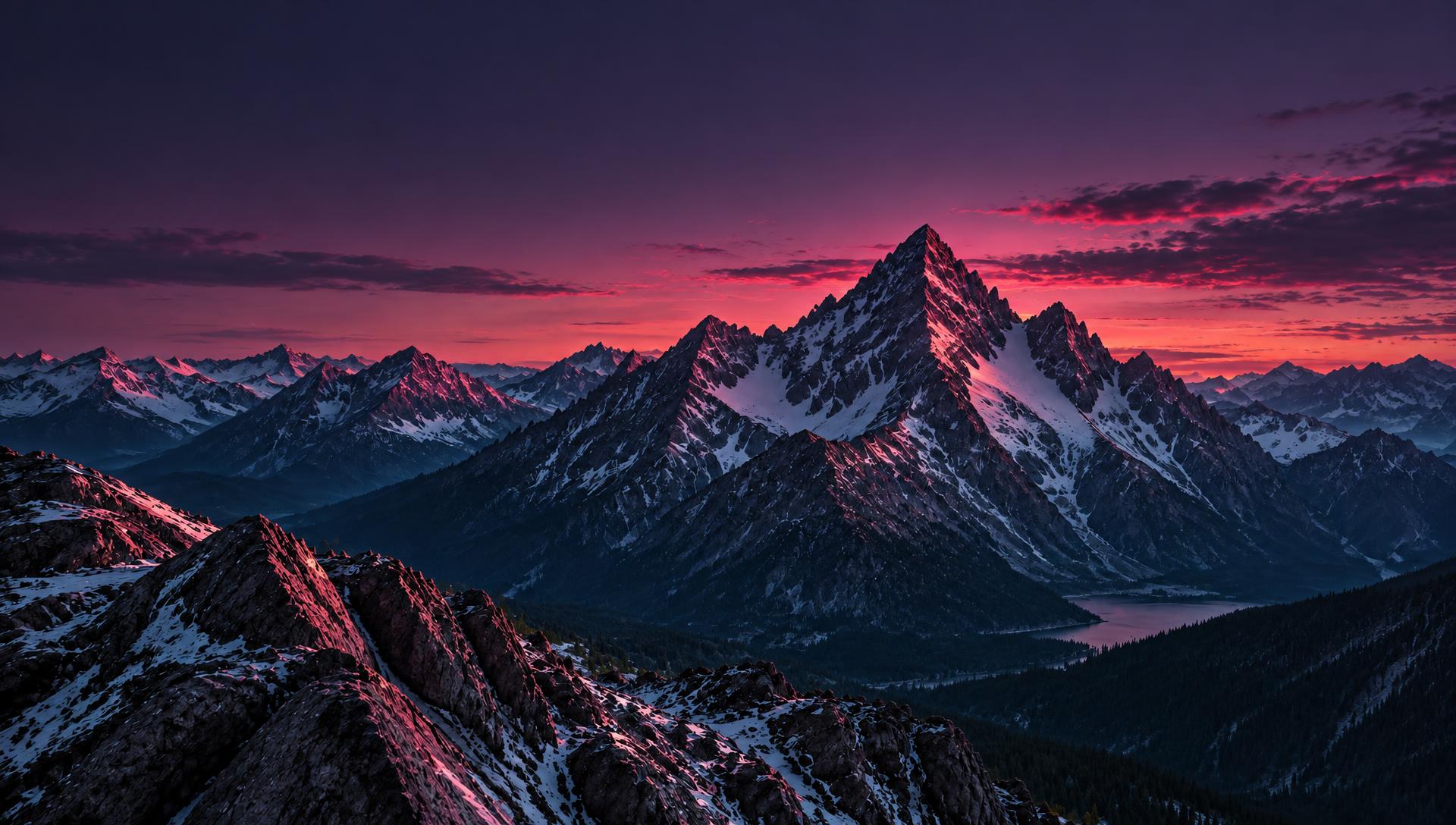 Mountain peak at dusk with pink alpenglow